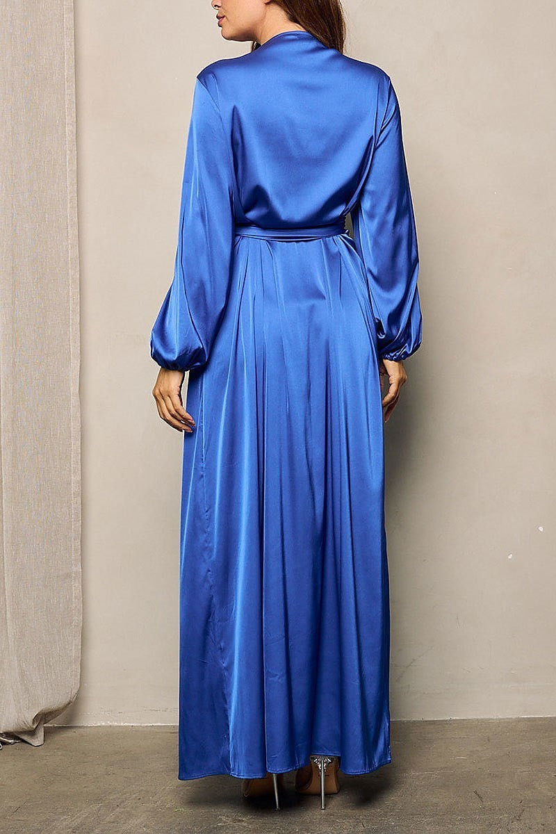 Long sleeves self tie wrap maxi dress (EFWT4384)