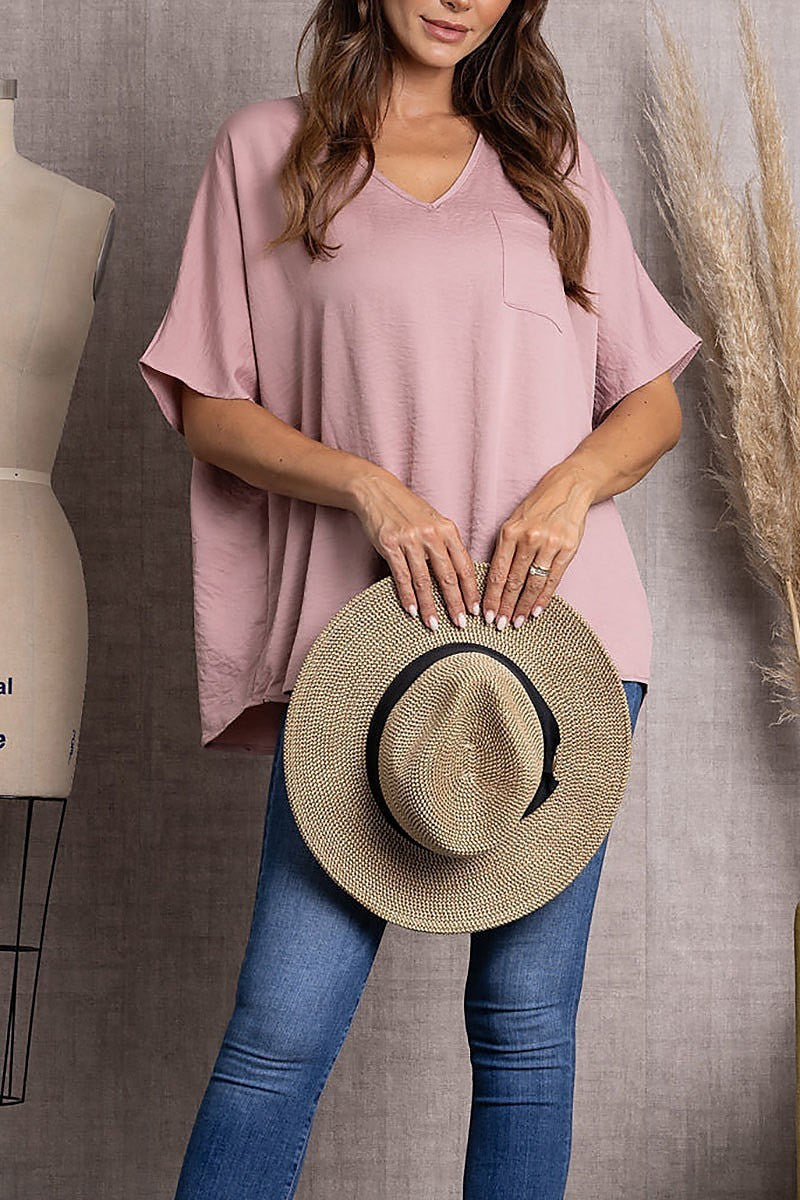 Solid v-neck short sleeve loose fit tunic top (EDSW3415)