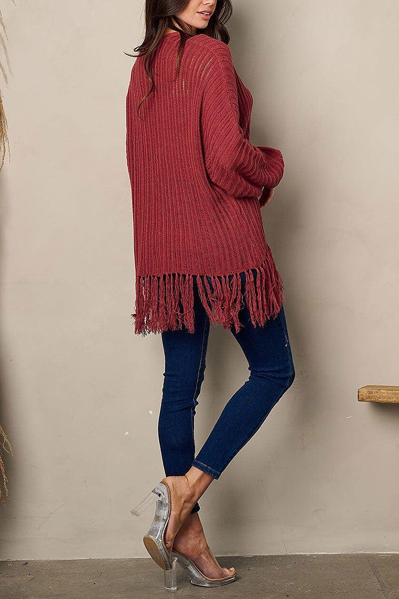 Long sleeve open front fringe cardigan (EFWT1921)