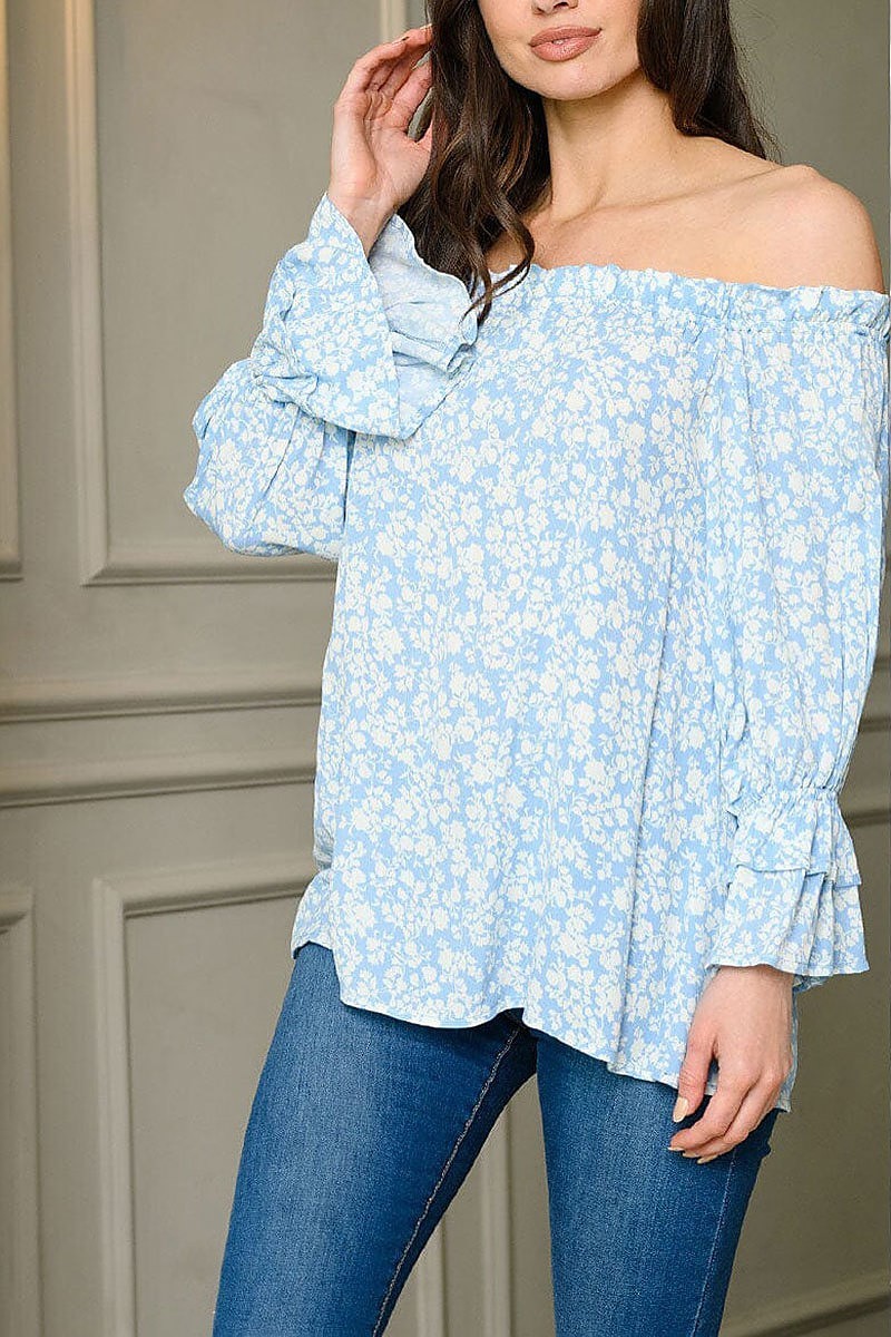 Long puff sleeve off shoulder floral tunic top (EDWT9072)