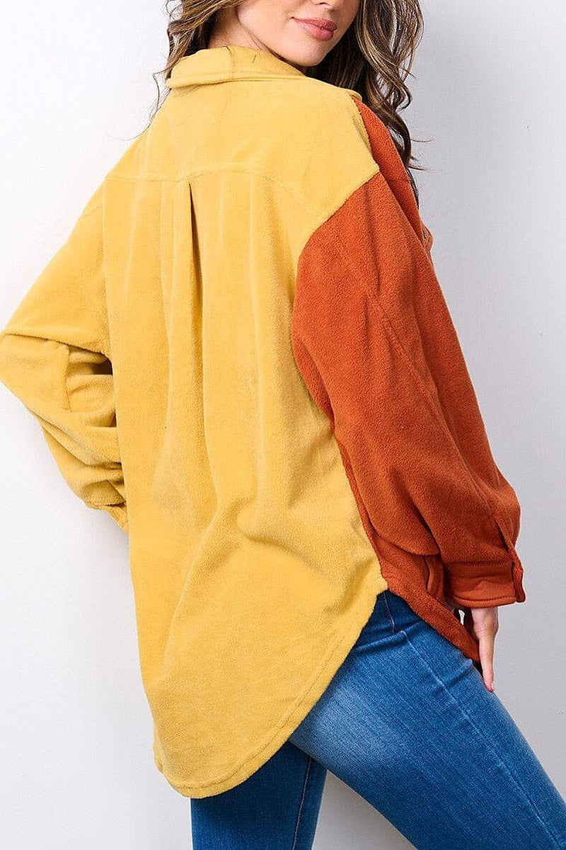 Long sleeve button up oversized colorblock top (EFWT7491)