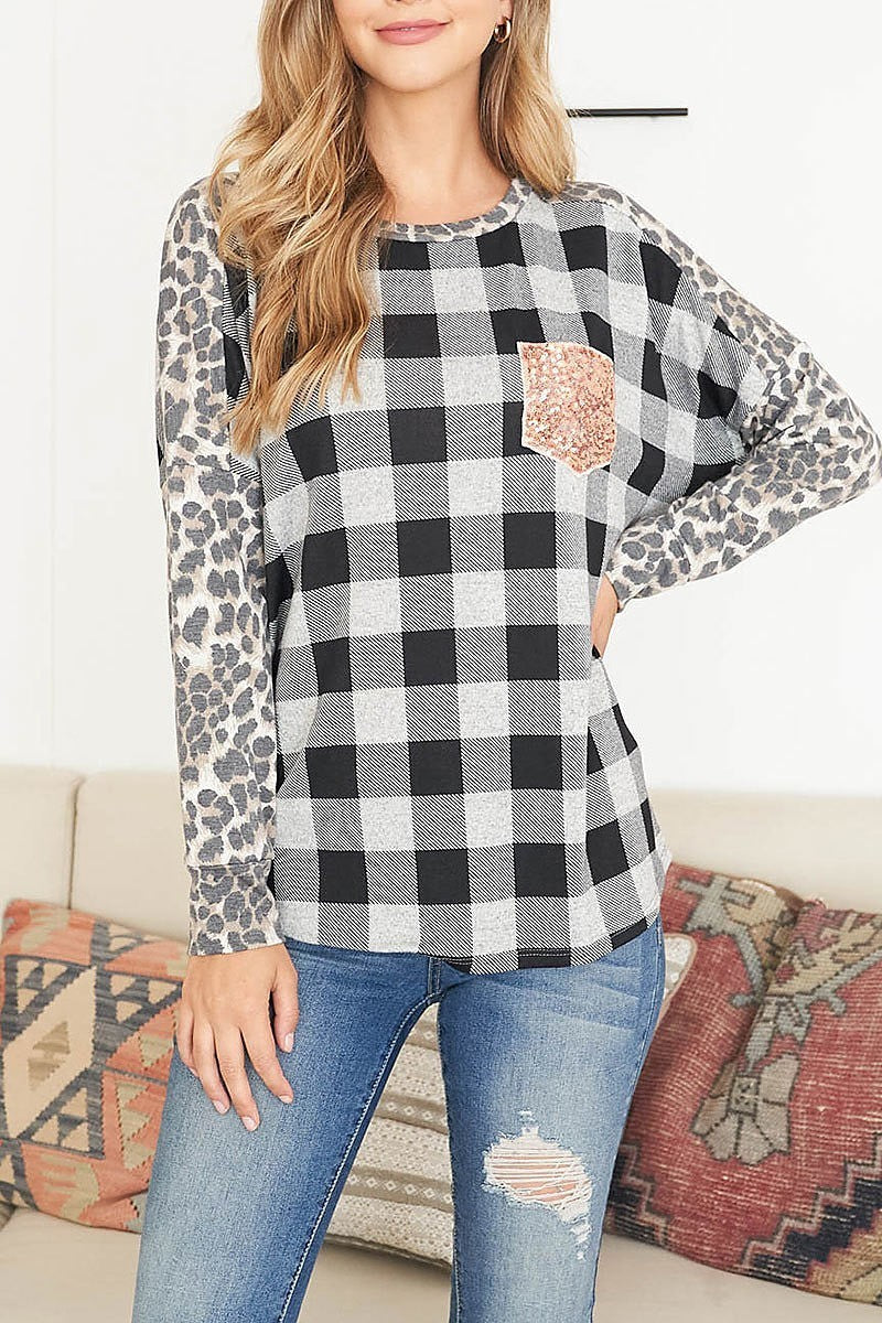 Leopard long sleeve plaid top with sequin pocket (EF2396)