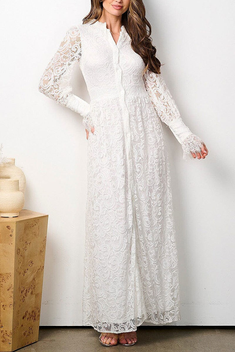 Long sleeve button up all over lace maxi dress (EFWT7817)