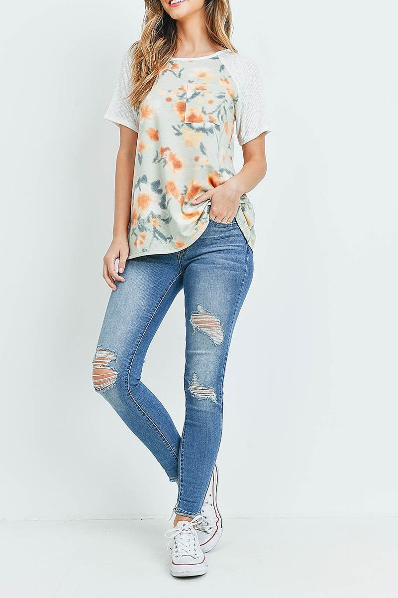 Waffle raglan floral pocket top (ED9153)