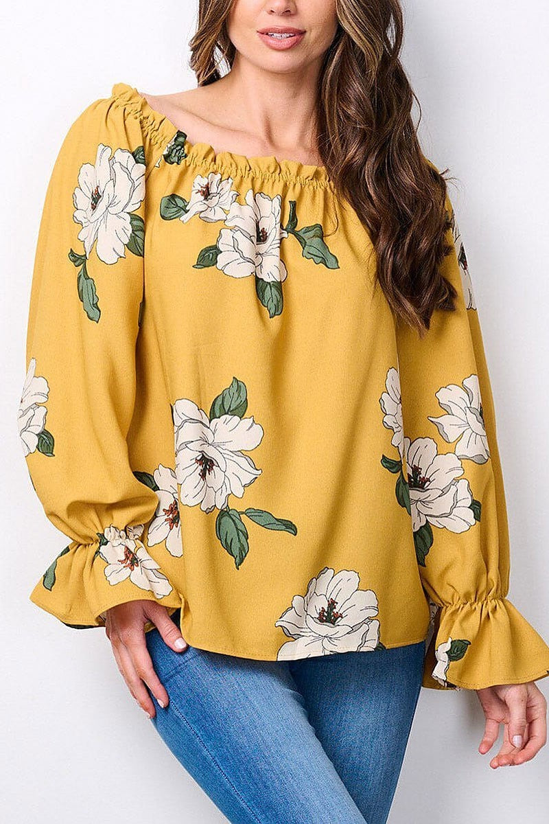 Long sleeve elastic neck floral blouse top (EFWT7481)