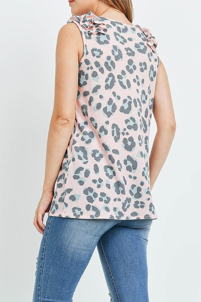 Leopard v neck ruffle shoulder detail top (EF1459)