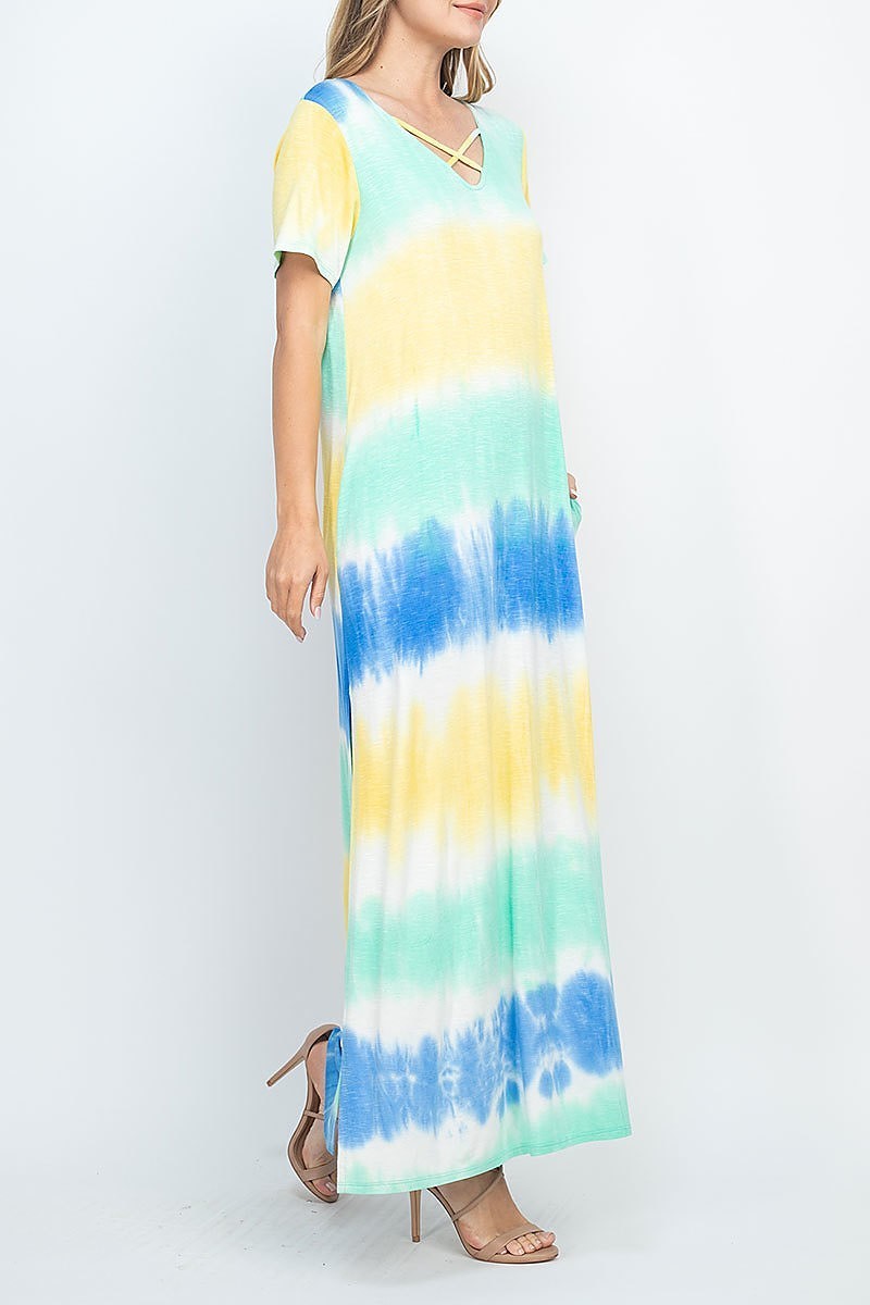 Tie dye crisscross neck maxi pocket dress (DED6709)