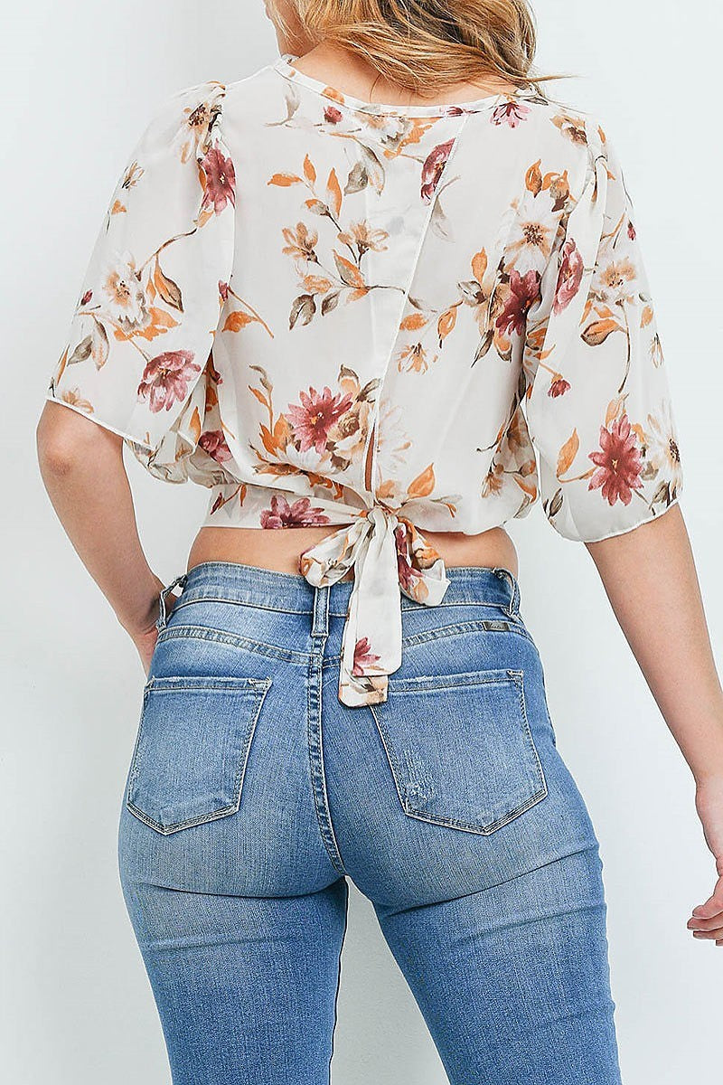 Floral print crop top with chiffon detail (ED8898-2)