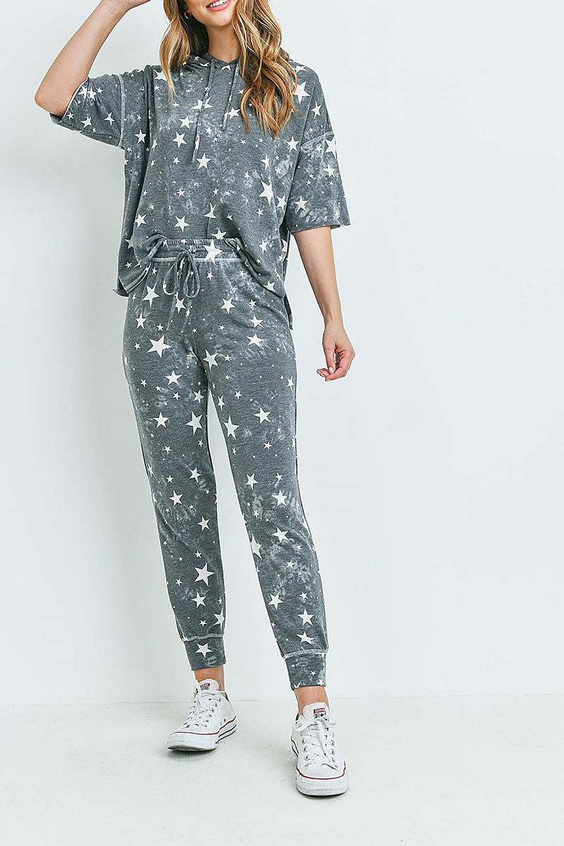 Star print hoodie top and pants set (ED9403)