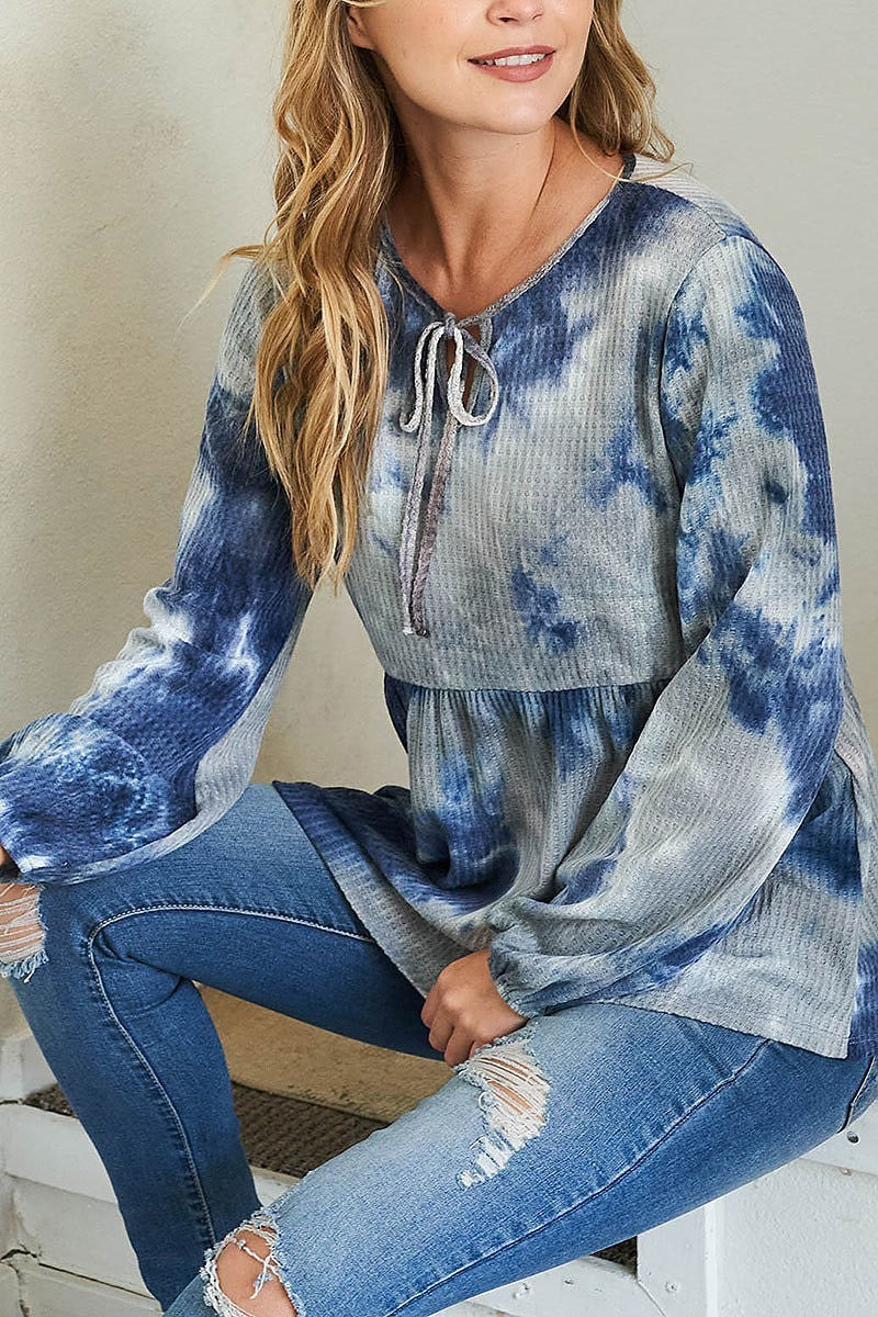 Puff sleeve neckline ribbon detail tie dye waffle top (EF2585)