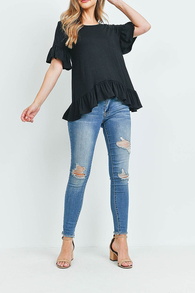 Ruffle detail hi lo hem loose fit top (ED9805)