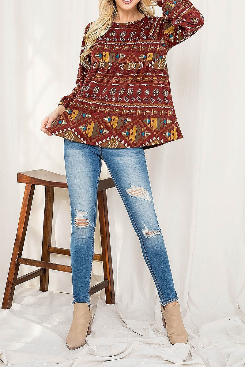 Boho print puff sleeve shirring top (EF2884)