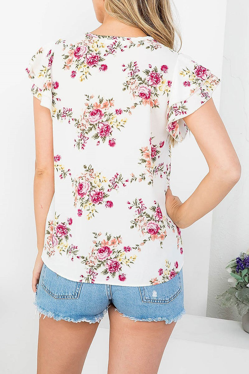 Floral ruffle sleeve round neck blouse (EF4375)