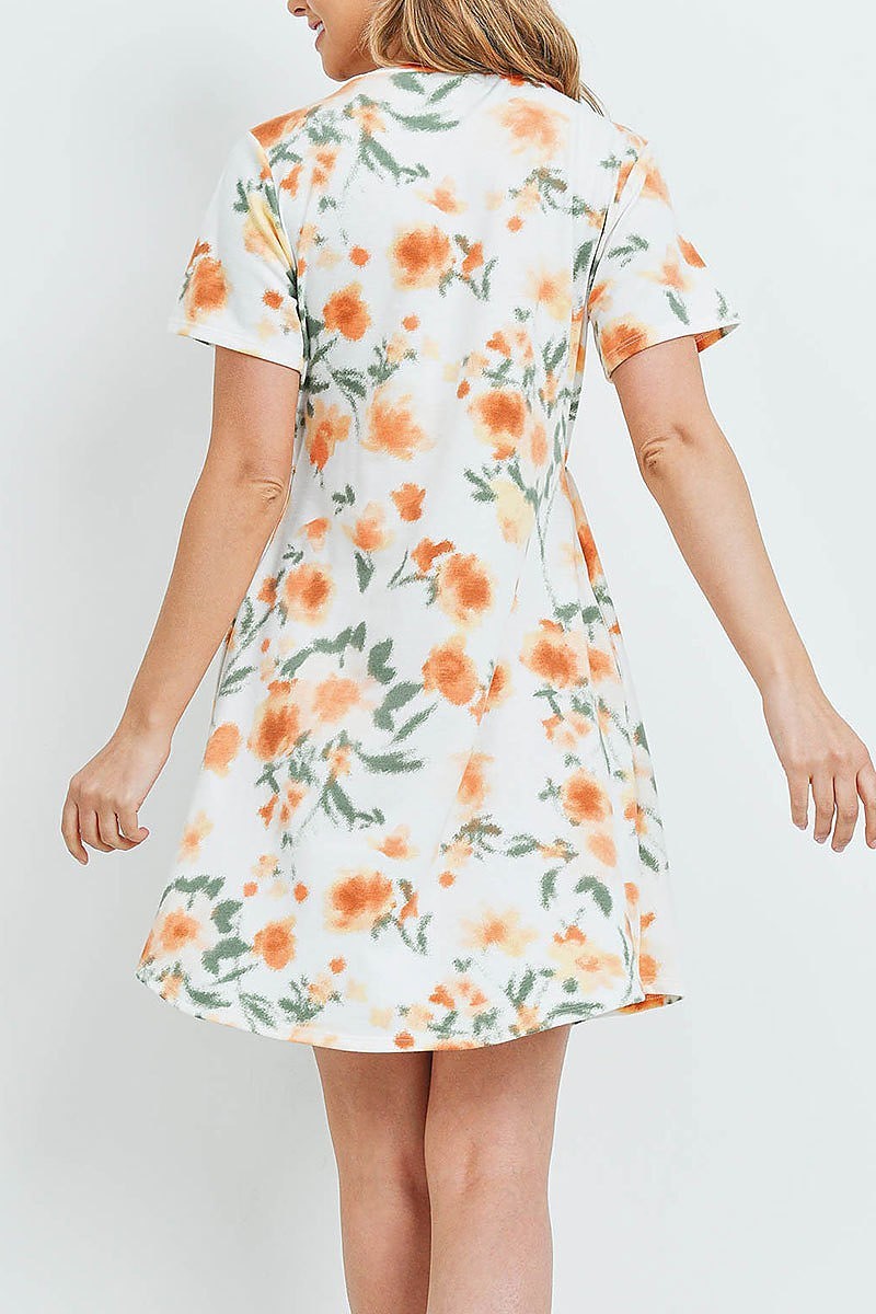 Painterly floral print short sleeves dress (DED6047)