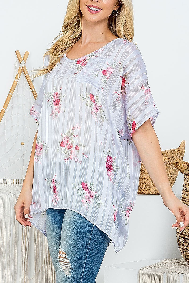 Stripe floral loose fit sheer top (EF4453)