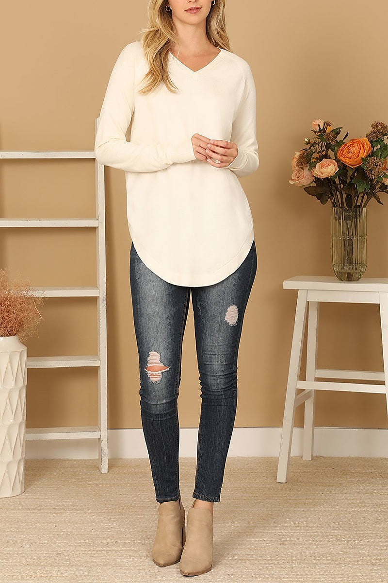 V-neck long sleeve curve hem sweater (DGS6680)