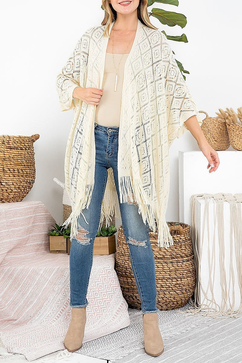 Crochet diamond pattern fringe ruana kimono (DGS5880)