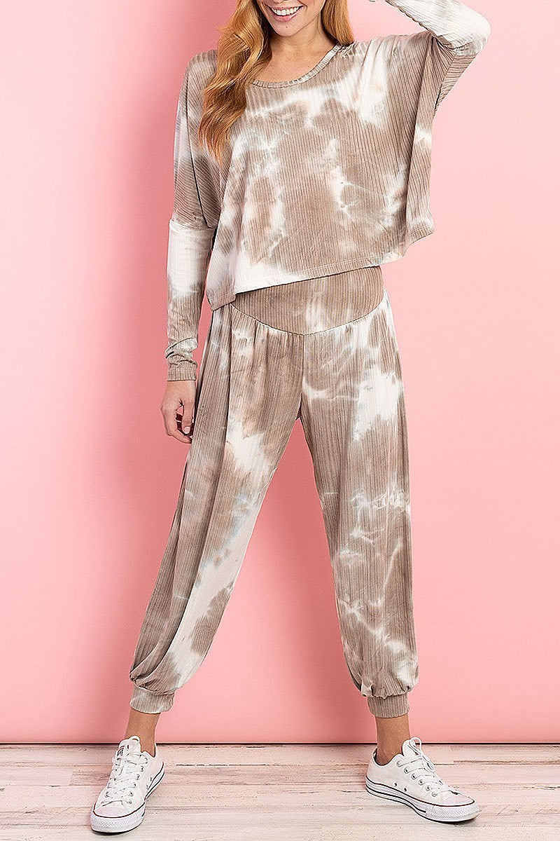 Tie dye ribbed knit top and pant set (ED8465-2)