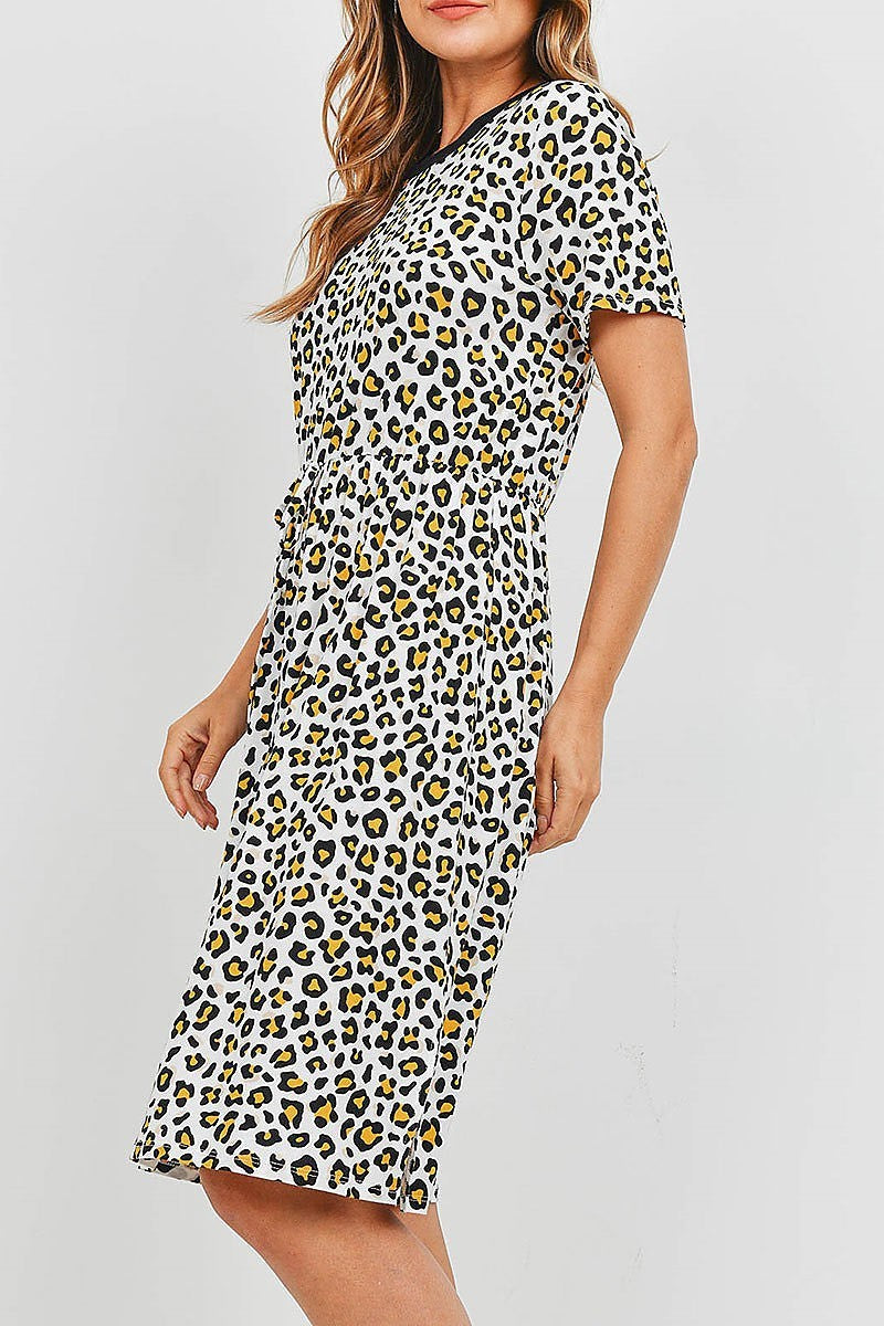 Solid neck band leopard pleated waist dress (DED6754)