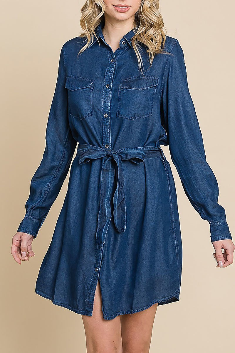 Chambray button-down collared dress with waist tie (EDH1633)