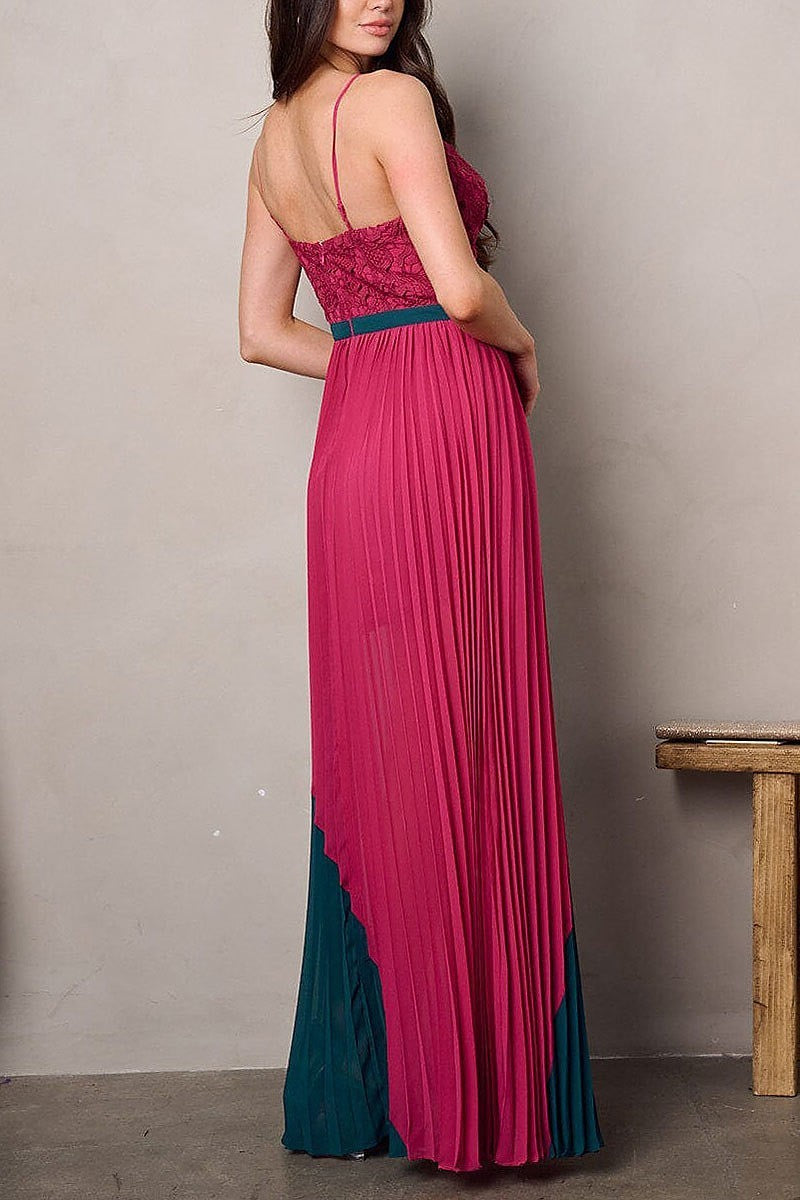 Sleeveless v-neck front slit pleated colorblock maxi dress (EFWT2278)