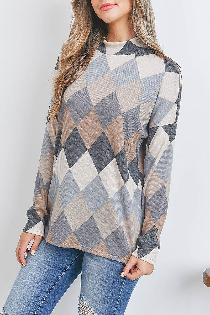 Mock neck long sleeve checkerboard top (EF2697)