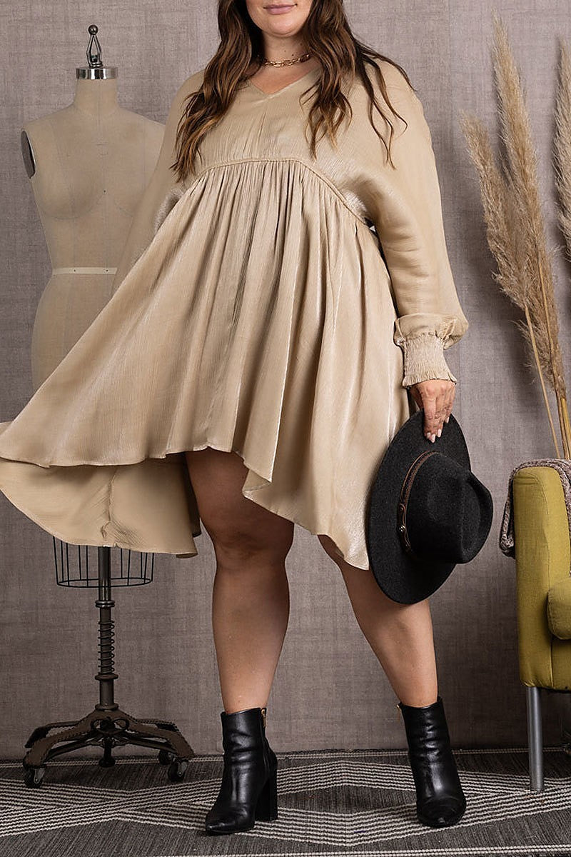 V-neck long sleeves plus size midi dress (EDSW3739)