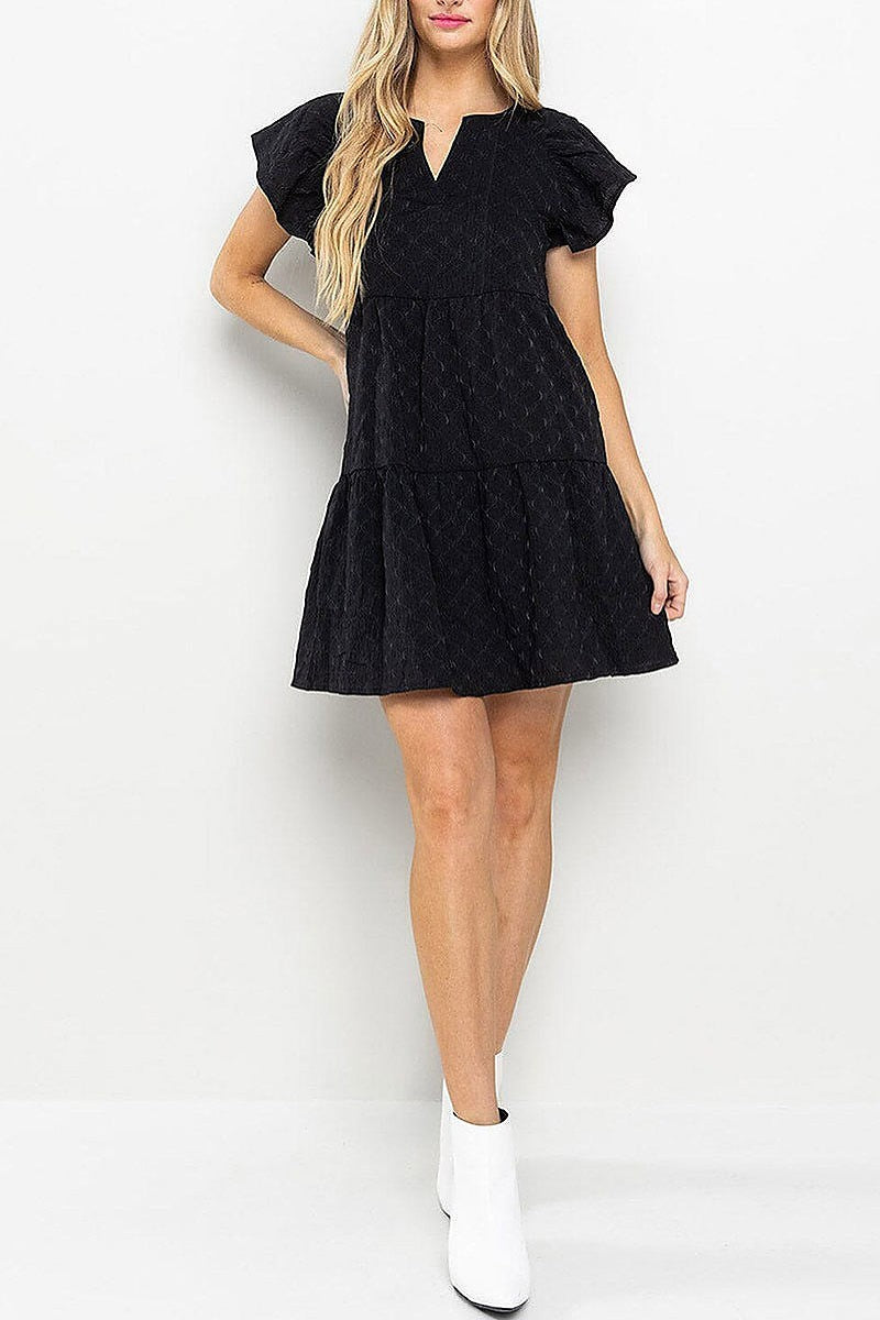 Ruffle sleeves detailed tiered tunic mini dress (EFWT5528)