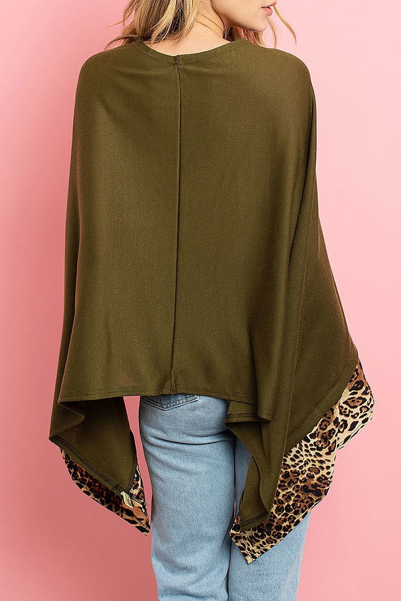 Leopard trim loose fit poncho cardigan (ED8200)