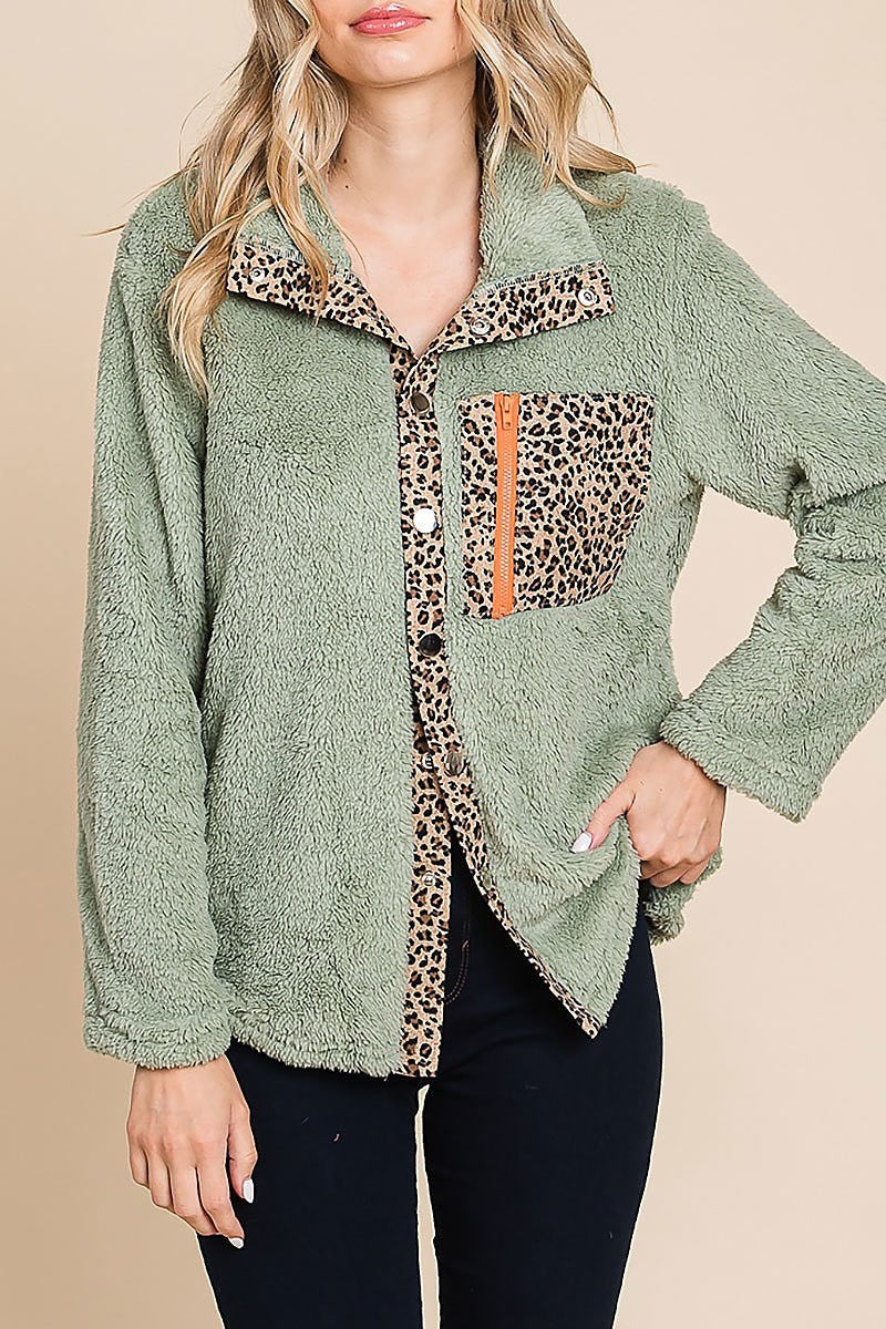 Faux fur buttoned down jacket with leopard placket (EDH1875-1)