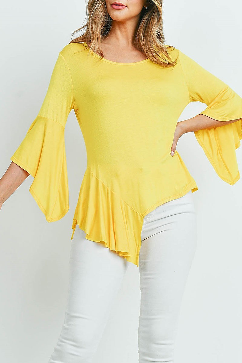 Asymmetrical ruffle detail bell sleeve top (ED9348)