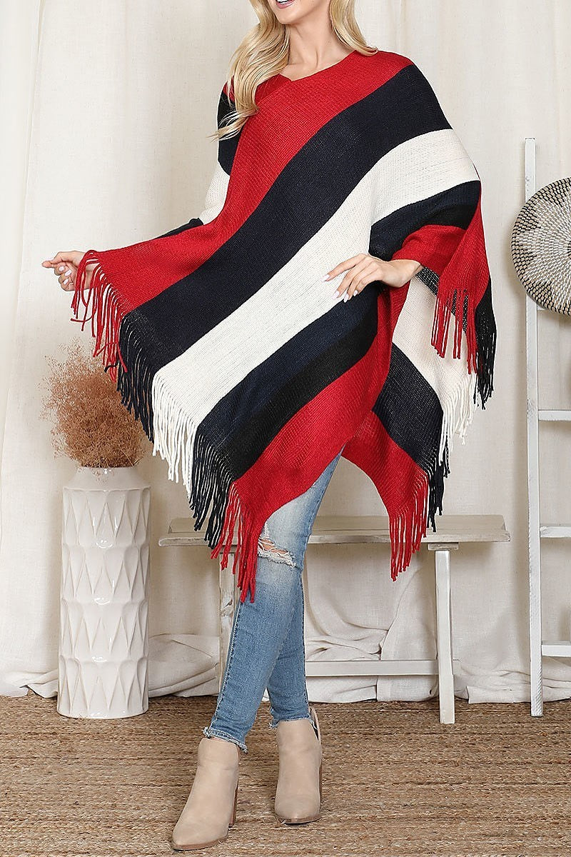 Color block fringe sweater poncho (DGS6331)