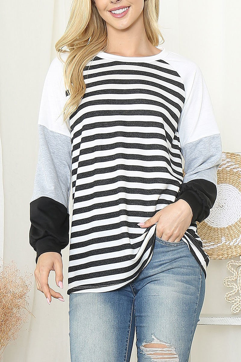 Color block long sleeve stripe top (EF6295)