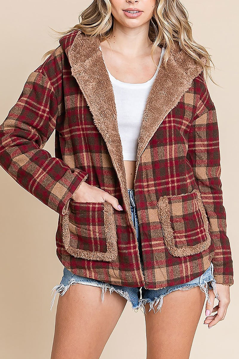 Flannel plaid reversible hooded fur jacket (EDH1944-2)