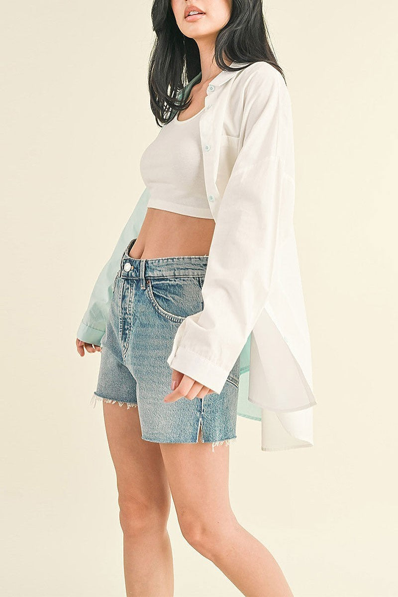 Long sleeve button up colorblock oversized top (EGWT2318)