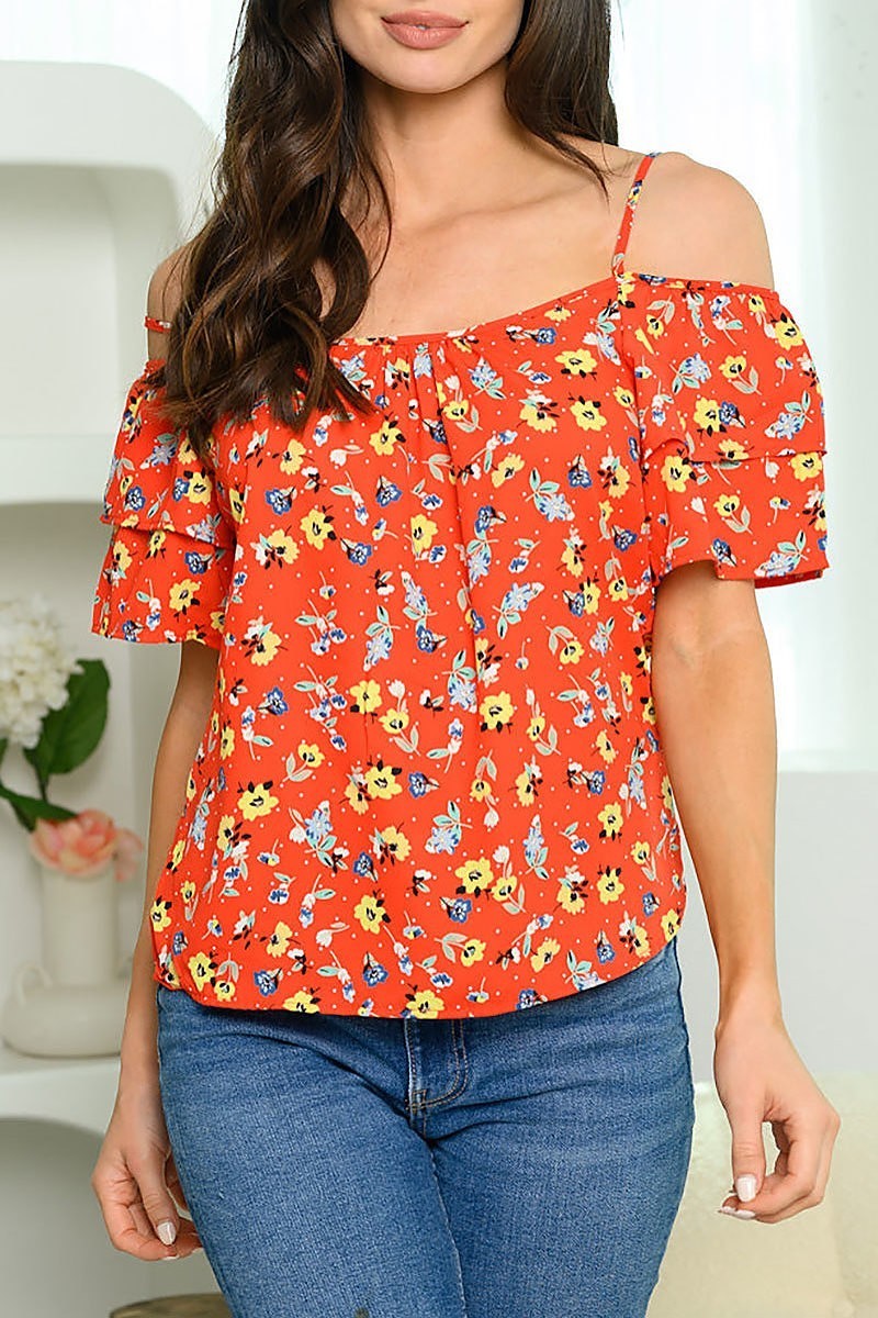 Cold shoulder ruffle floral top (EDWT6070)