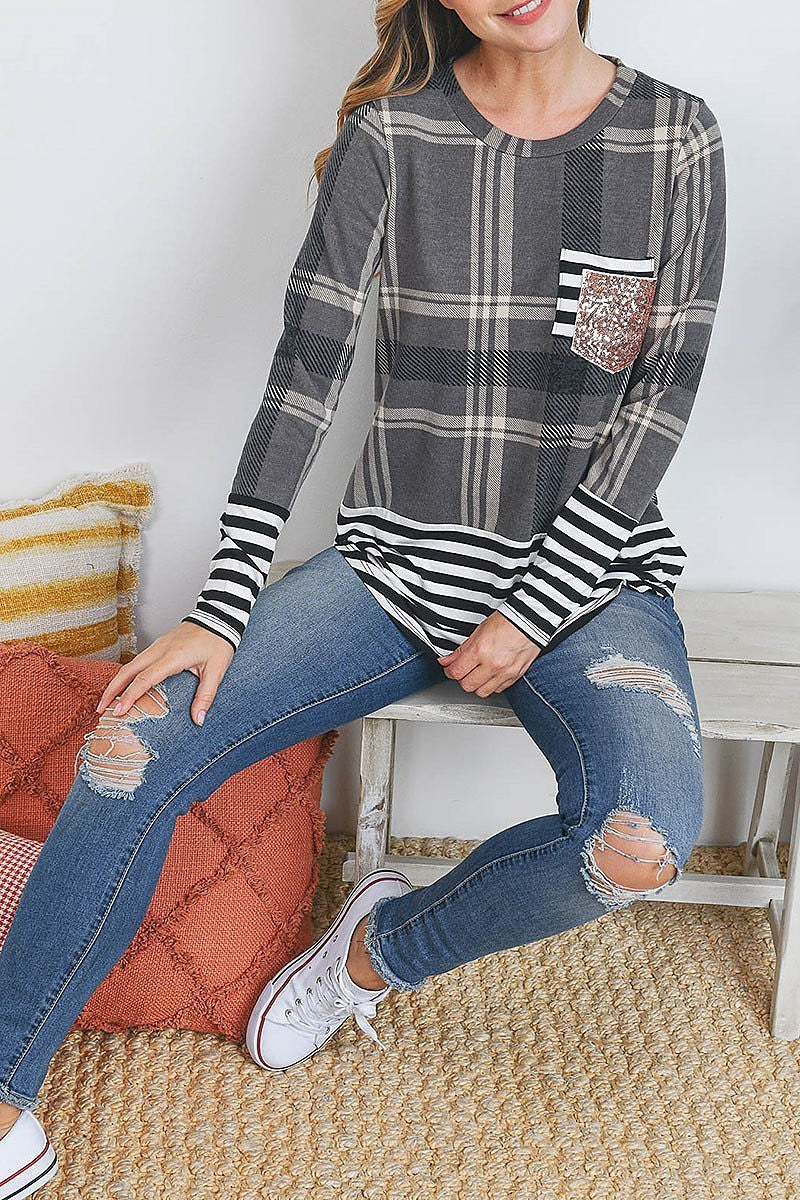 Plaid stripes contrast sequin stripes pocket top (EF2586)