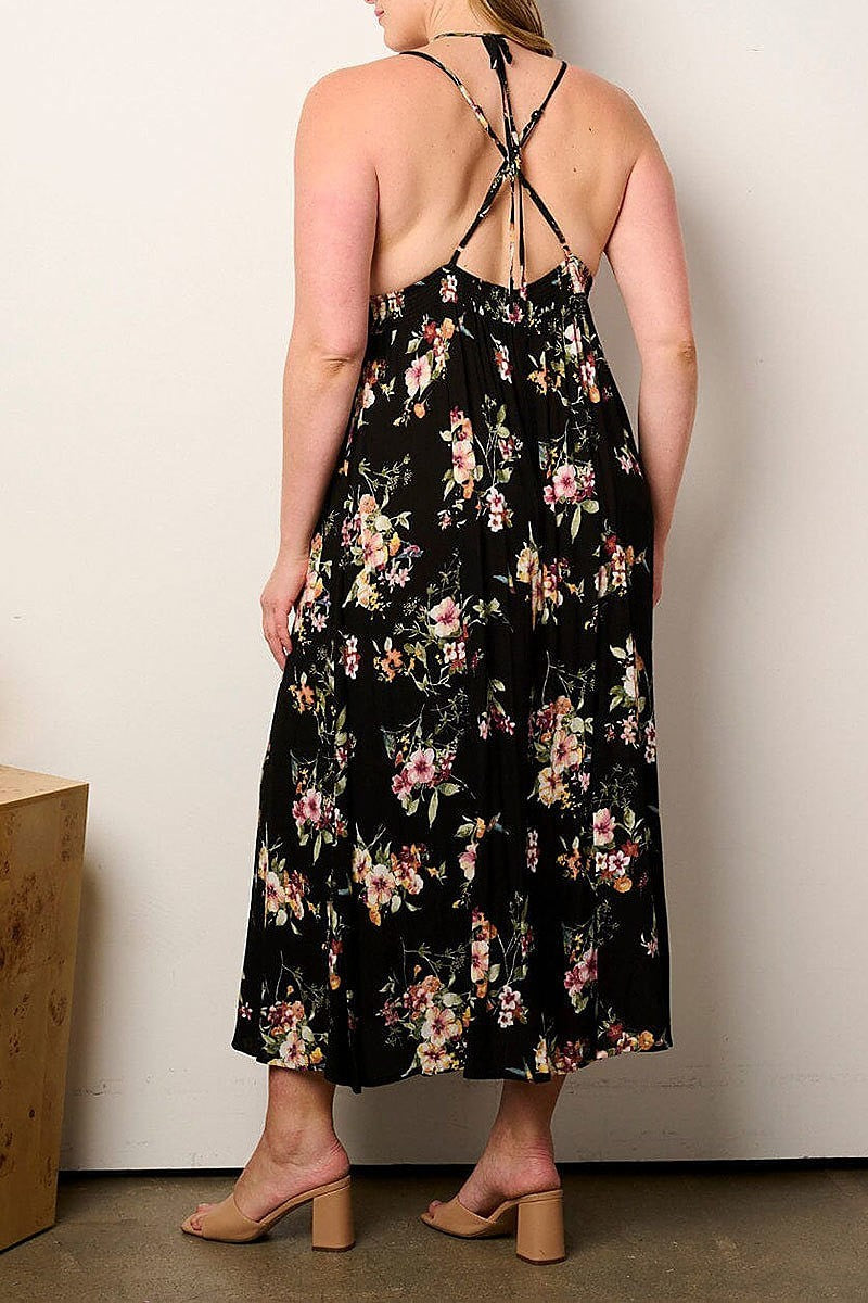 Sleeveless v-neck open back floral maxi dress (EFWT9033)