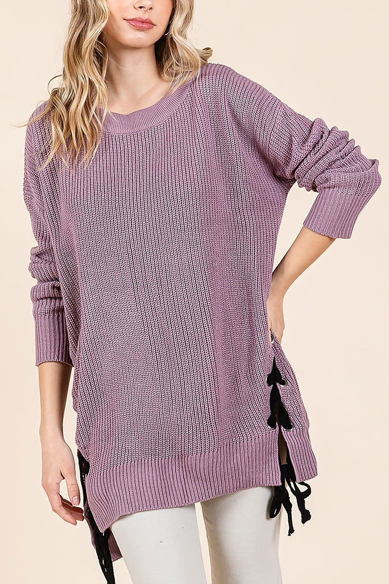 Crew neck drop shoulder sweater with lace up (EDH2127)