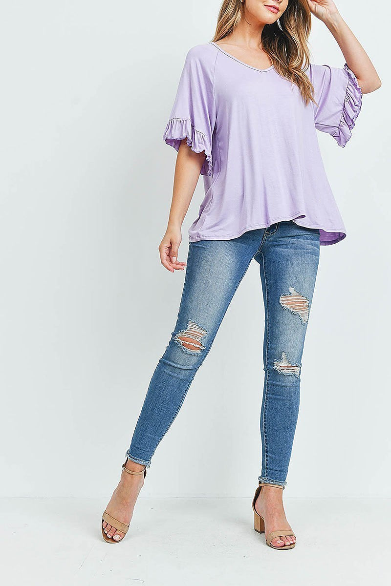 Ruffle detail bell sleeve v neck top (ED9619)