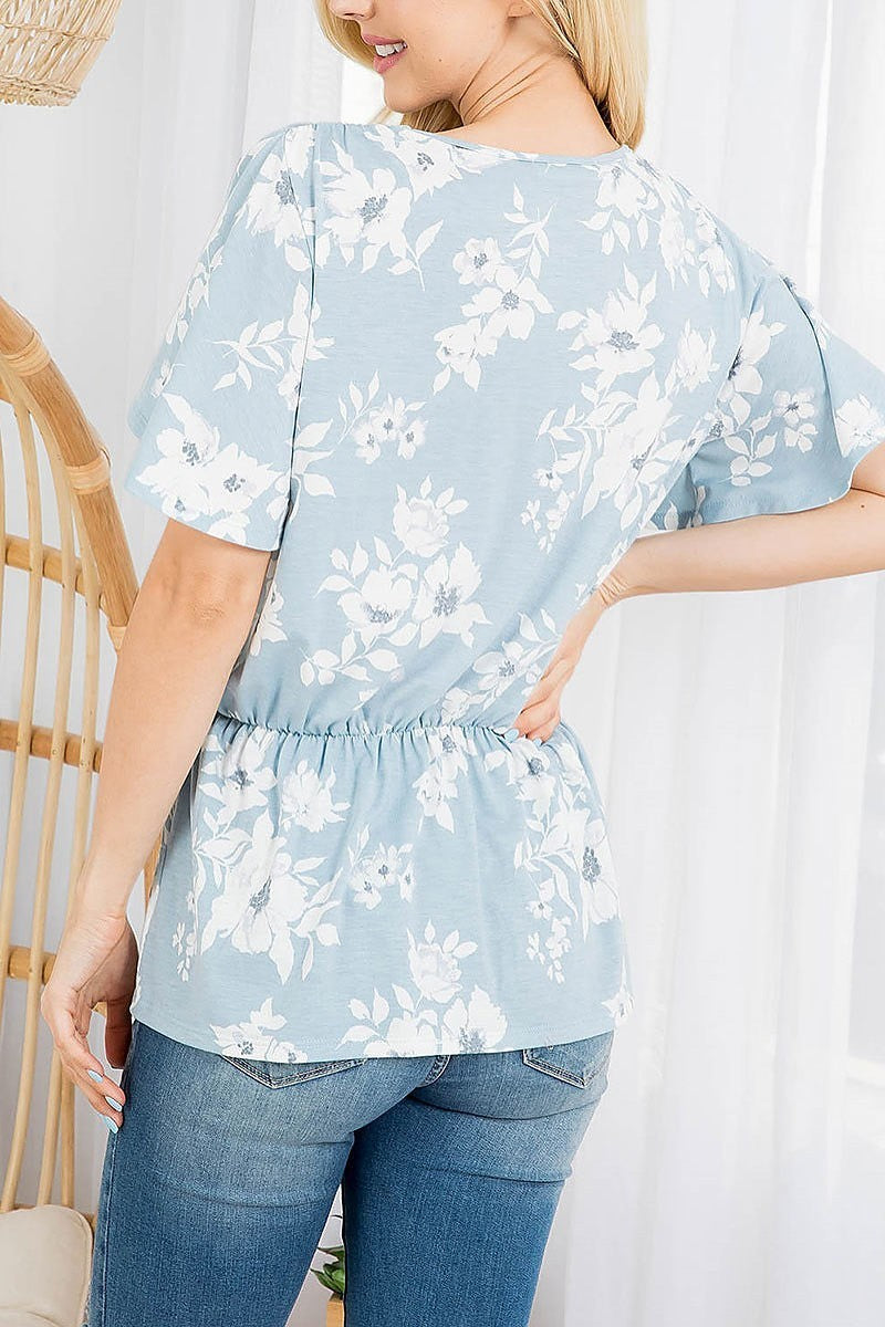 V neck bell sleeve floral cinch waist top (EF3119)