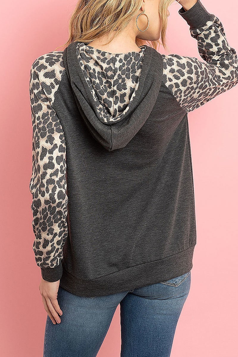 Leopard contrast kangaroo pocket hoodie with self tie (ED8349)