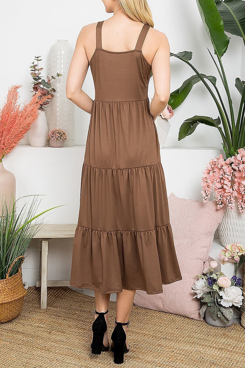 Tiered ruffle solid midi tank dress (DED8165)