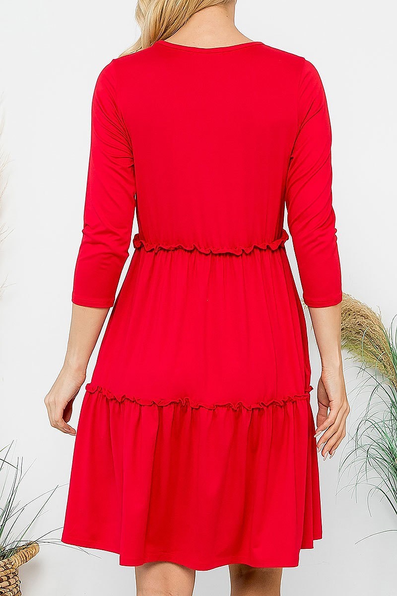 Solid 3/4 sleeve merrow detail flare dress (DED8854)