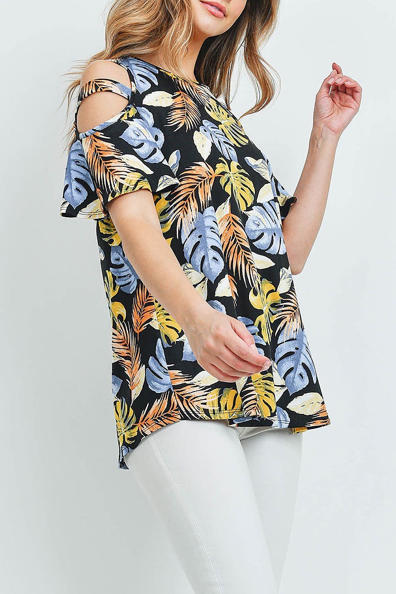 Tropical print cutout sleeve top (ED9260)