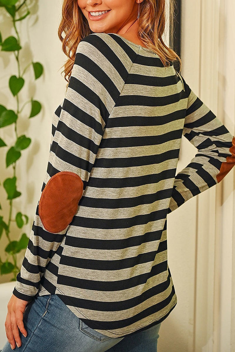 Striped long sleeve elbow patched top (ED8521)