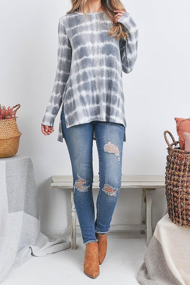 Long seeve tie dye hi lo slit hem tunic blouse top (EF2277)