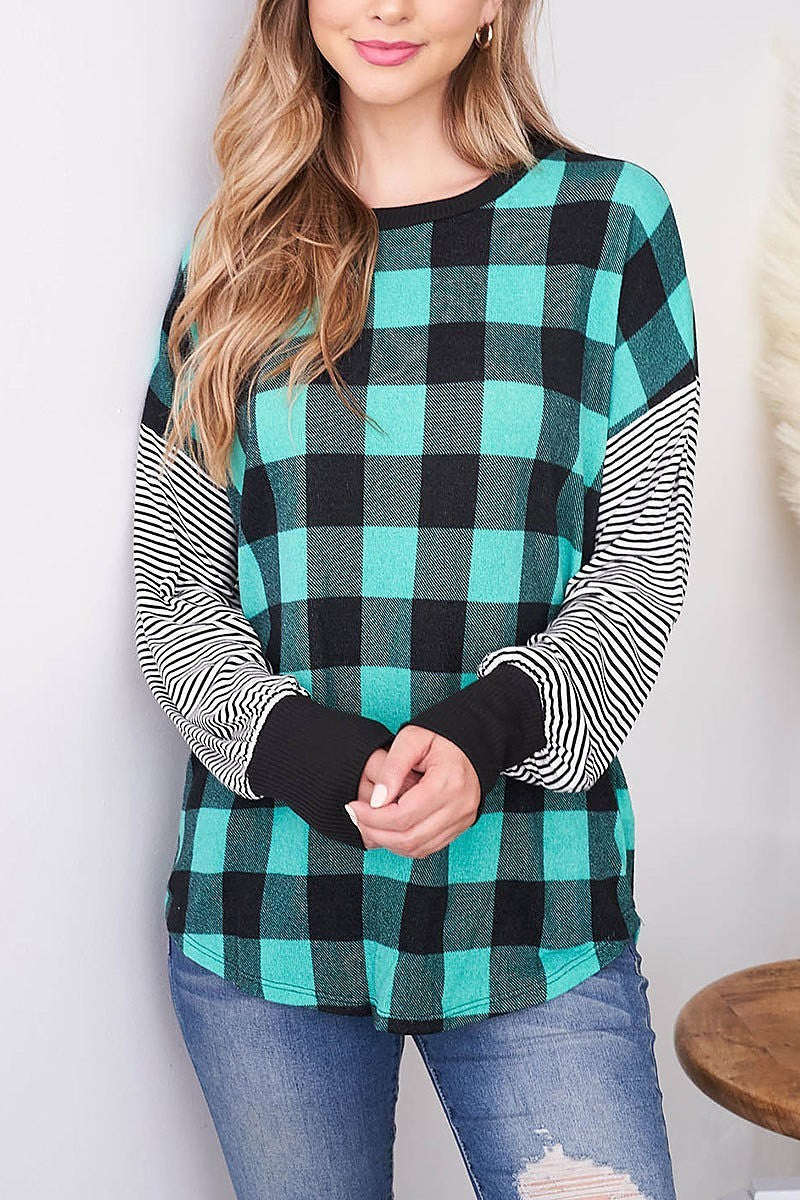 Stripe sleeve checker body color block top (EF2515)