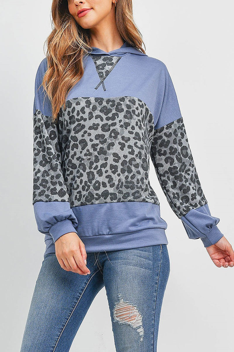 Rib leopard contrast puff sleeve hoodie (EF2038)