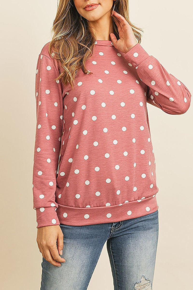 Fleeced polka dot print long sleeved pullover top (EF2654)